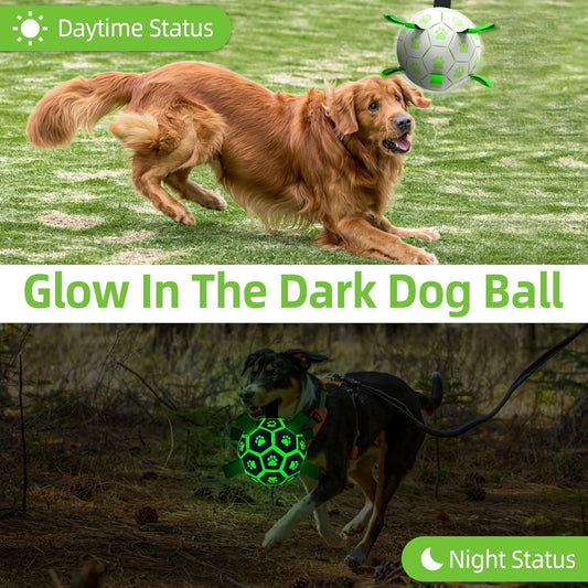 Dog Ball, Glow in the Dark Dog Toys, Light up Ball for Dogs, Outdoor Dog Soccer Ball with Straps, Puppy Birthday Gifts, Dog Enrichment Toys for Small & Medium Dogs (6 Inch)