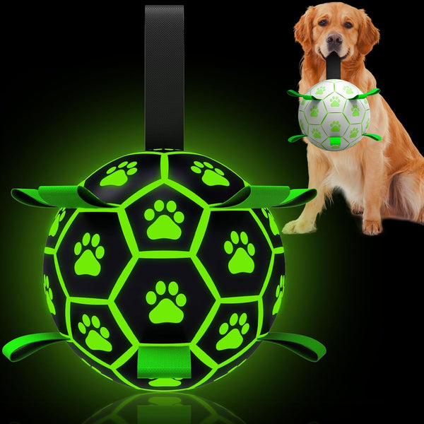 Dog Ball, Glow in the Dark Dog Toys, Light up Ball for Dogs, Outdoor Dog Soccer Ball with Straps, Puppy Birthday Gifts, Dog Enrichment Toys for Small & Medium Dogs (6 Inch)