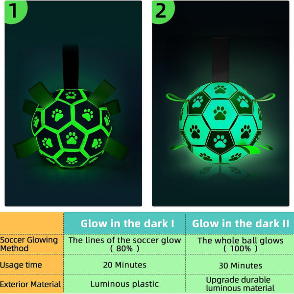 Dog Ball, Glow in the Dark Dog Toys, Light up Ball for Dogs, Outdoor Dog Soccer Ball with Straps, Puppy Birthday Gifts, Dog Enrichment Toys for Small & Medium Dogs (6 Inch)