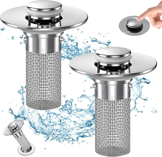 Bathroom Sink Drain Strainer, Pop up Sink Drain Filter with Removable Stainless Steel Filter Basket Hair Catcher, Bathroom Sink Drain Stopper, for Us Bathroom Sink Stopper Replacement (2Pcs)