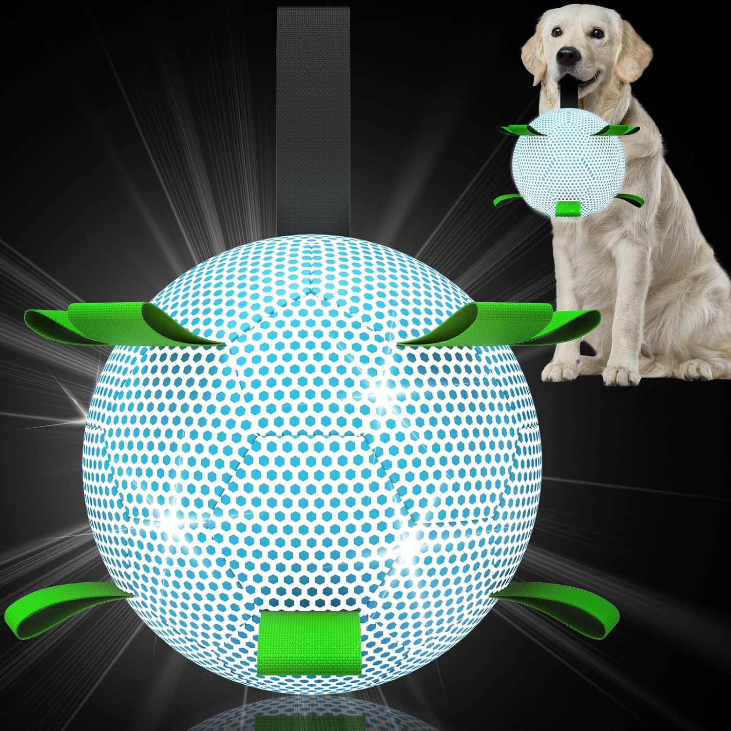 Dog Ball, Glow in the Dark Dog Toys, Light up Ball for Dogs, Outdoor Dog Soccer Ball with Straps, Puppy Birthday Gifts, Dog Enrichment Toys for Small & Medium Dogs (6 Inch)