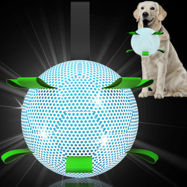 Dog Ball, Glow in the Dark Dog Toys, Light up Ball for Dogs, Outdoor Dog Soccer Ball with Straps, Puppy Birthday Gifts, Dog Enrichment Toys for Small & Medium Dogs (6 Inch)