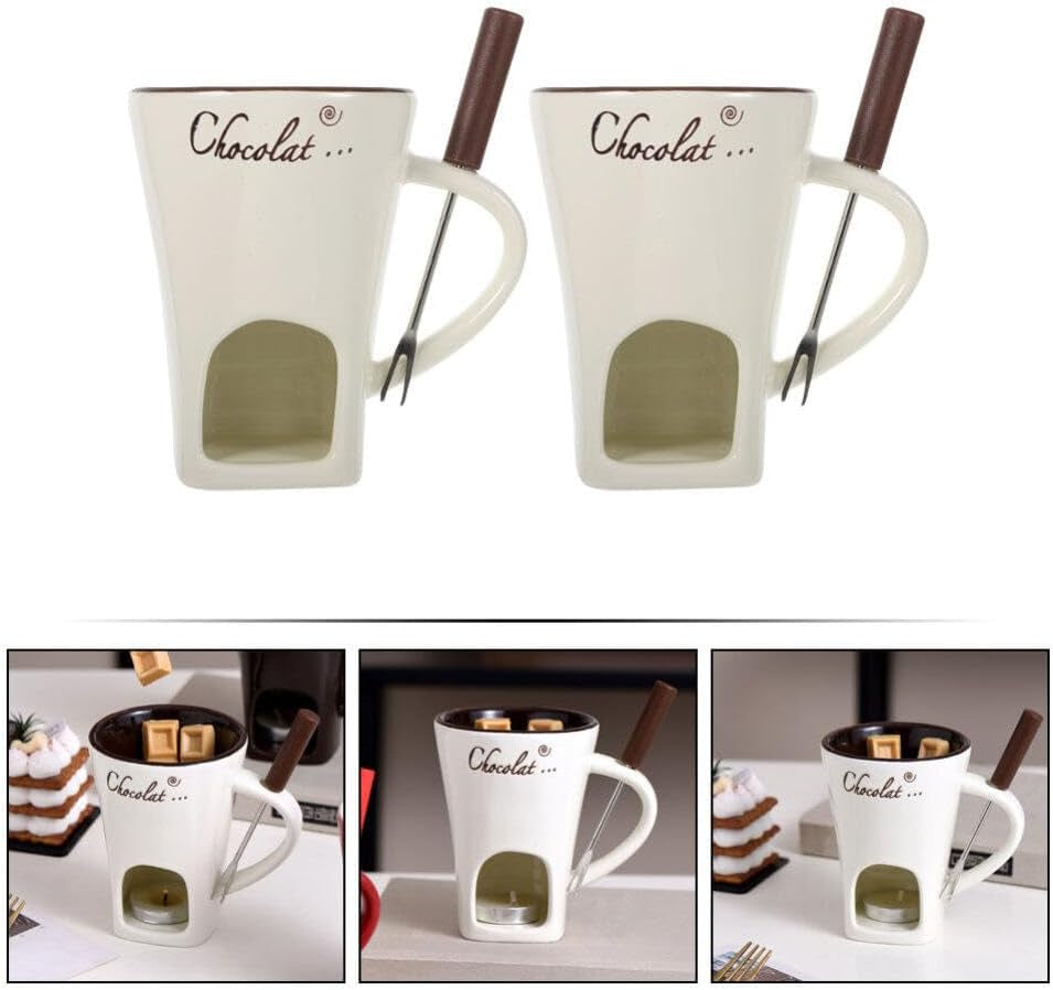 Chocolate Fondue Mug 2 Sets Fondue Mugs with Forks Ceramic Personal Chocolate Melting Cup Butter Warmers Pot Tealight Candle Mini Simmer Mug for Cheese Fondue Maker Set