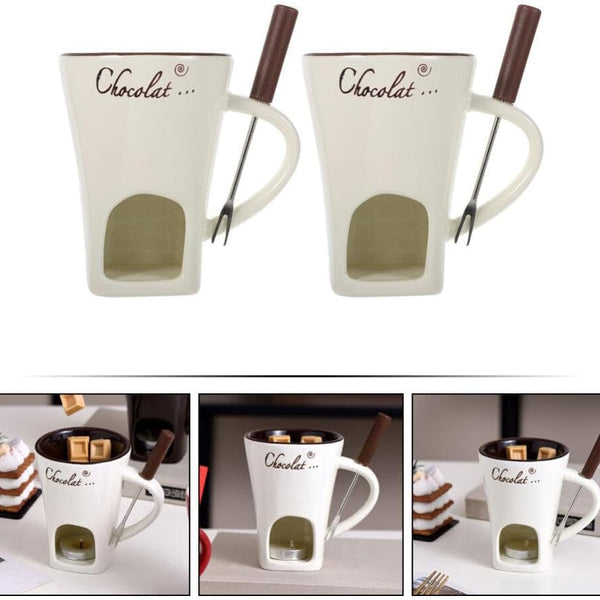 Chocolate Fondue Mug 2 Sets Fondue Mugs with Forks Ceramic Personal Chocolate Melting Cup Butter Warmers Pot Tealight Candle Mini Simmer Mug for Cheese Fondue Maker Set