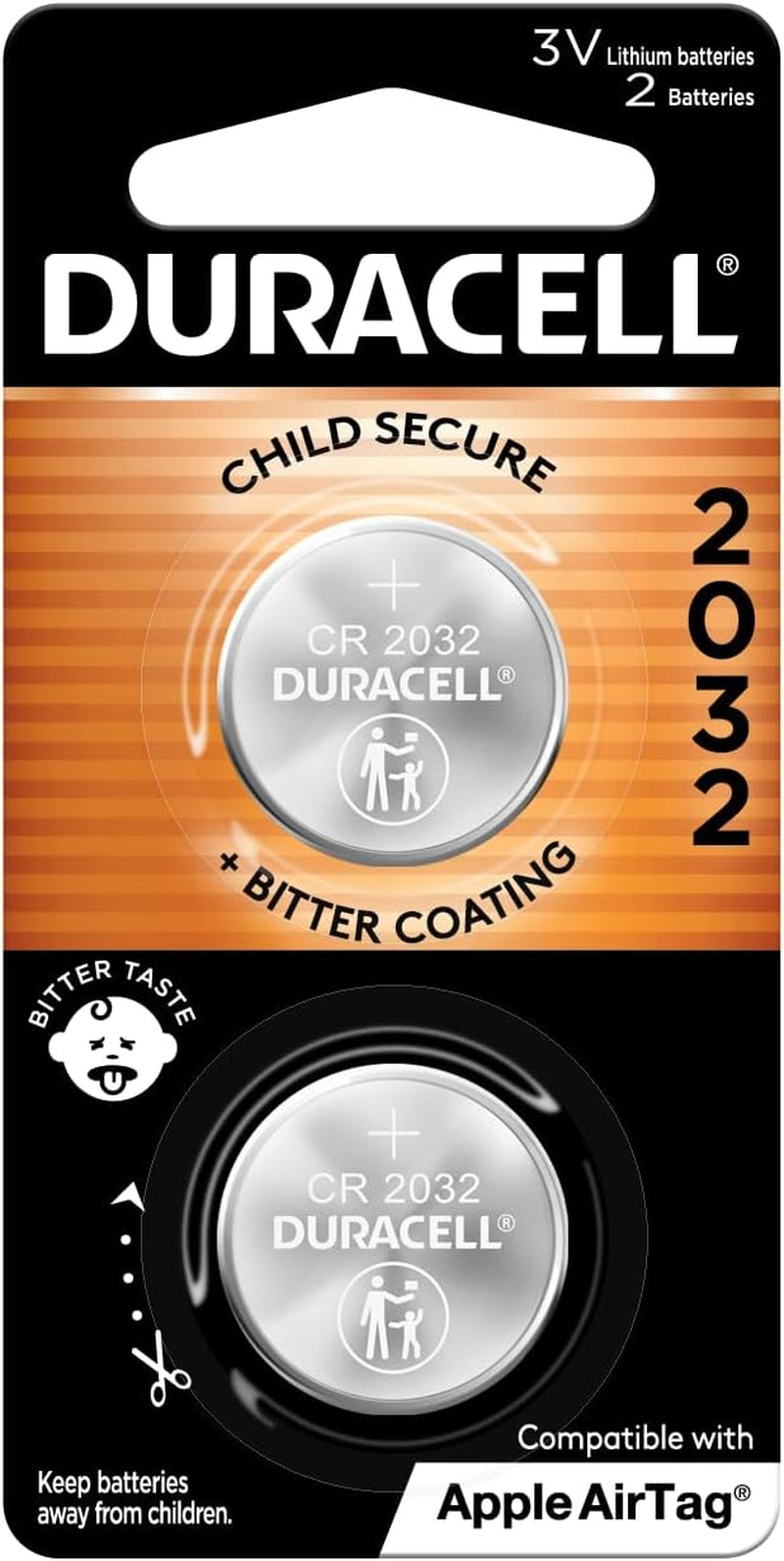 2032 Lithium Battery. 2 Count Pack. Child Safety Features. Compatible with Apple Airtag, Key Fob, and Other Devices. CR2032 Lithium 3V Cell. 2032 Battery, Lithium Coin Battery