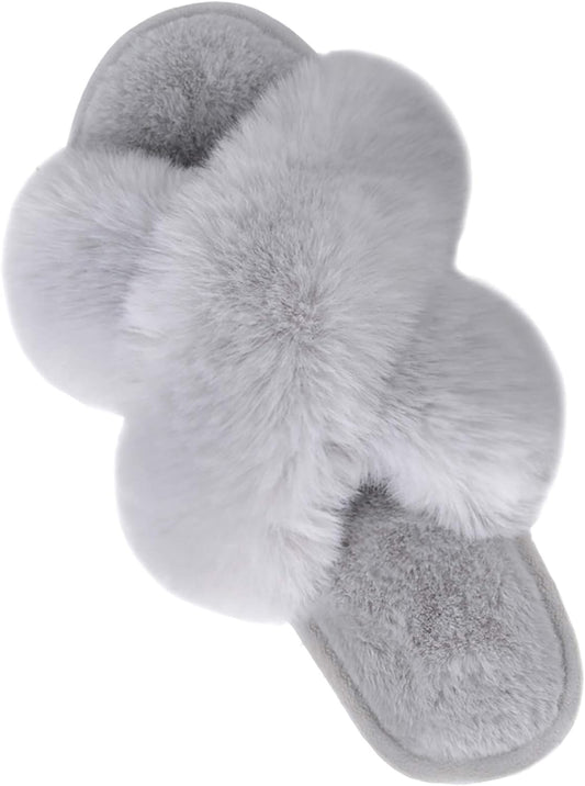 Women'S Cross Band Slippers Fuzzy Soft House Slippers Plush Furry Warm Cozy Open Toe Fluffy Home Shoes Comfy Indoor Outdoor Slip on Breathable