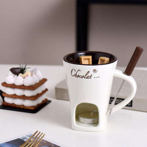 Chocolate Fondue Mug 2 Sets Fondue Mugs with Forks Ceramic Personal Chocolate Melting Cup Butter Warmers Pot Tealight Candle Mini Simmer Mug for Cheese Fondue Maker Set