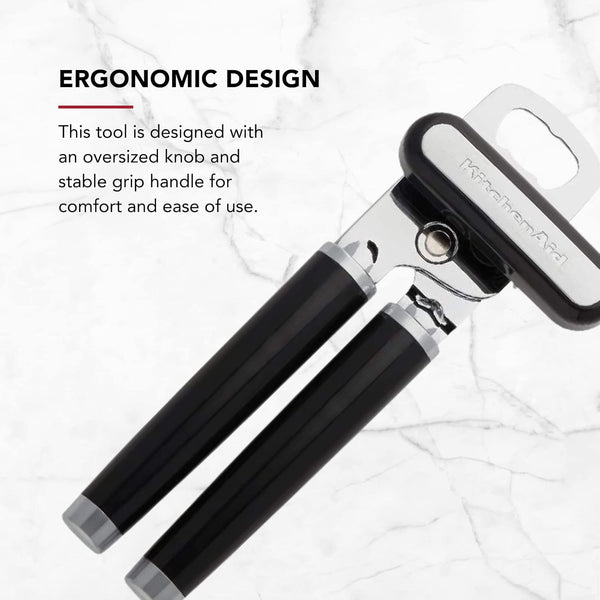 Classic Multifunction Can Opener and Bottle Opener Easy to Use, Razor Sharp Stainless Steel Cutting Wheel, Soft Ergonomic Handles, Black