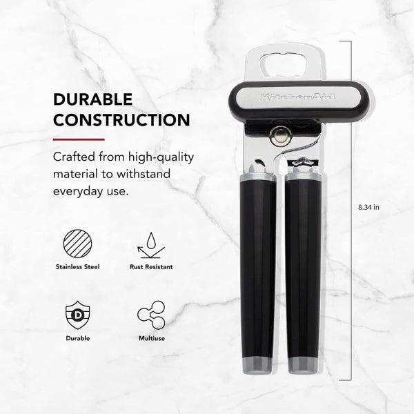 Classic Multifunction Can Opener and Bottle Opener Easy to Use, Razor Sharp Stainless Steel Cutting Wheel, Soft Ergonomic Handles, Black