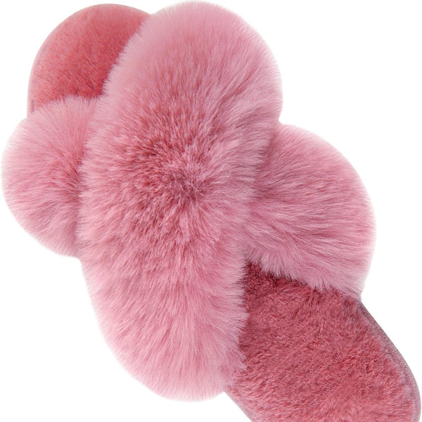 Women'S Cross Band Slippers Fuzzy Soft House Slippers Plush Furry Warm Cozy Open Toe Fluffy Home Shoes Comfy Indoor Outdoor Slip on Breathable