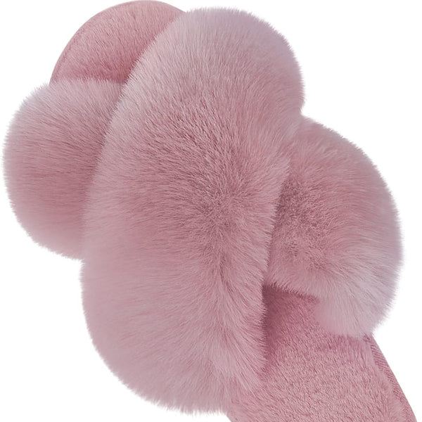 Women'S Cross Band Slippers Fuzzy Soft House Slippers Plush Furry Warm Cozy Open Toe Fluffy Home Shoes Comfy Indoor Outdoor Slip on Breathable