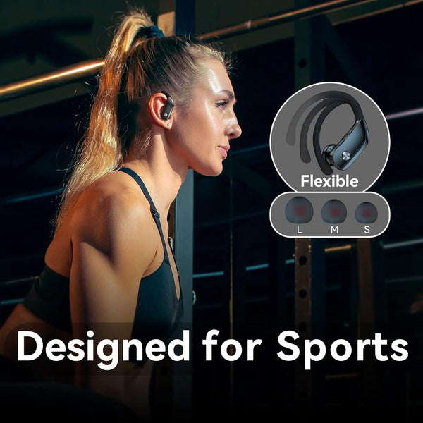 Wireless Earbuds Bluetooth Headphones 48Hrs Play Back Sport Earphones with LED Display Over-Ear Buds with Earhooks Built-In Mic Headset for Workout Black