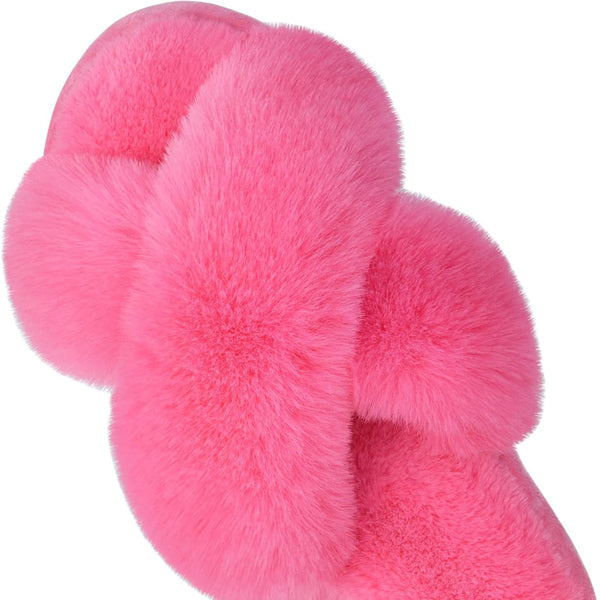 Women'S Cross Band Slippers Fuzzy Soft House Slippers Plush Furry Warm Cozy Open Toe Fluffy Home Shoes Comfy Indoor Outdoor Slip on Breathable