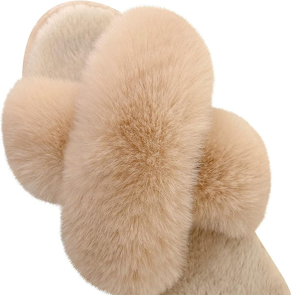 Women'S Cross Band Slippers Fuzzy Soft House Slippers Plush Furry Warm Cozy Open Toe Fluffy Home Shoes Comfy Indoor Outdoor Slip on Breathable