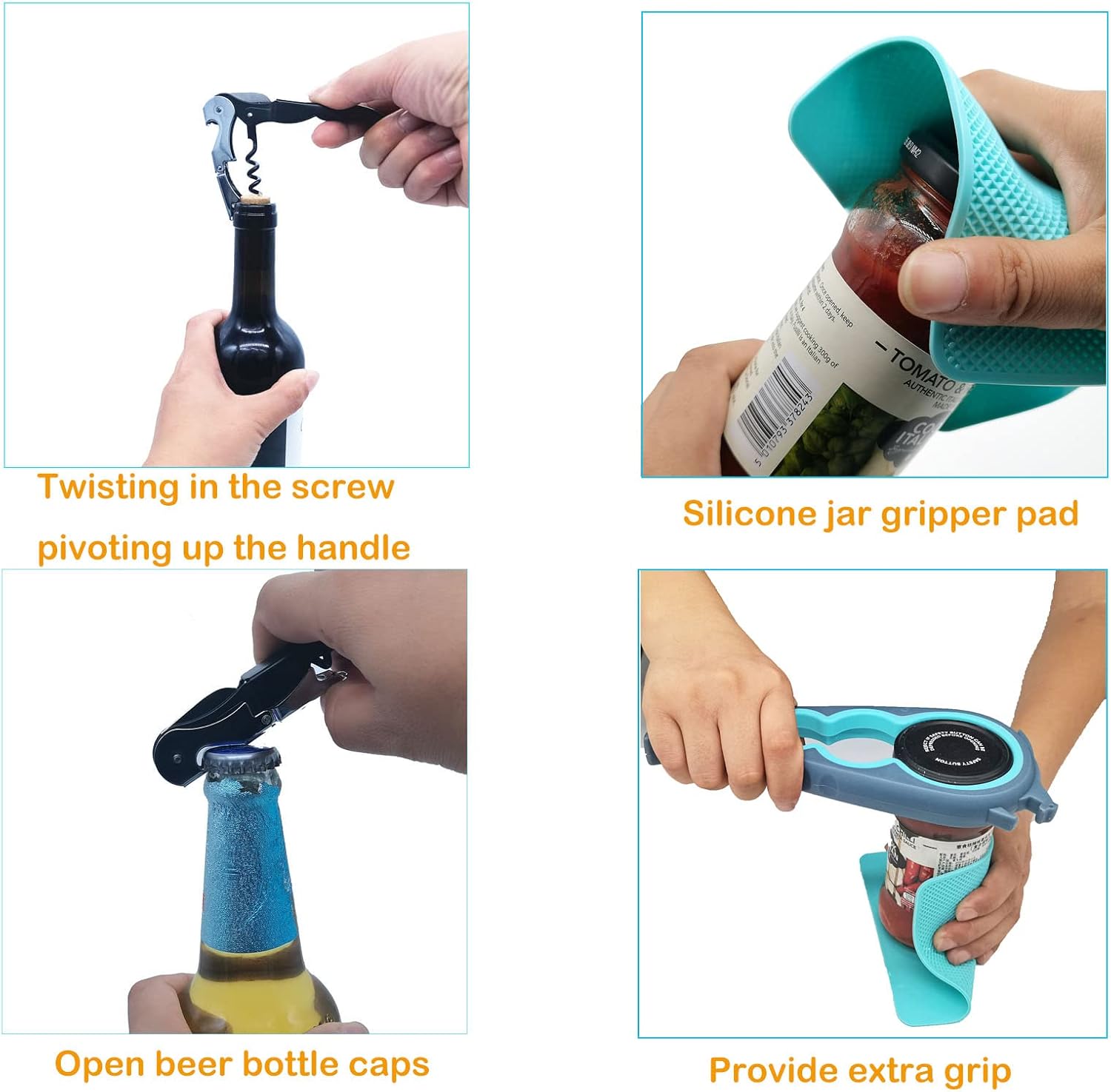 Latest Jar Opener for Seniors with Arthritis, Weak Hands, Multi-Function Bottle Opener with Non Slip Rubber Jar Opener Gripper Pad and Corkscrew Wine Opener