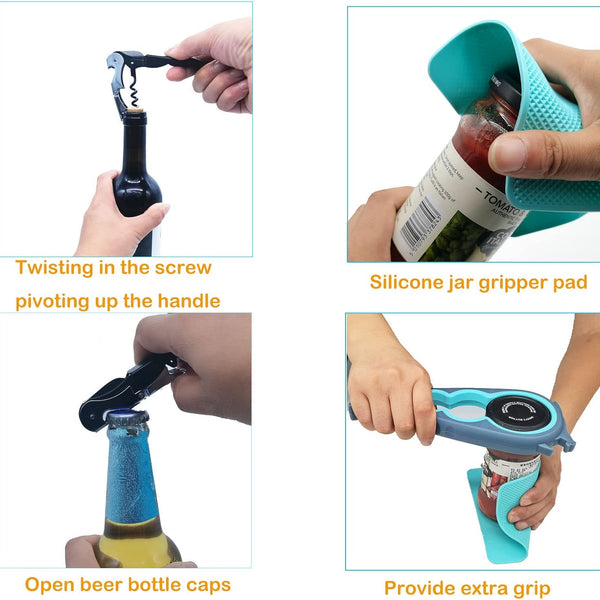 Latest Jar Opener for Seniors with Arthritis, Weak Hands, Multi-Function Bottle Opener with Non Slip Rubber Jar Opener Gripper Pad and Corkscrew Wine Opener