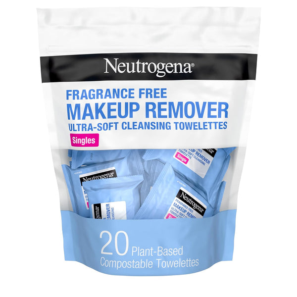 Makeup Remover Wipes, Individually Wrapped Daily Face Wipes for Waterproof Makeup, Travel & On-The-Go Singles, 20 Count