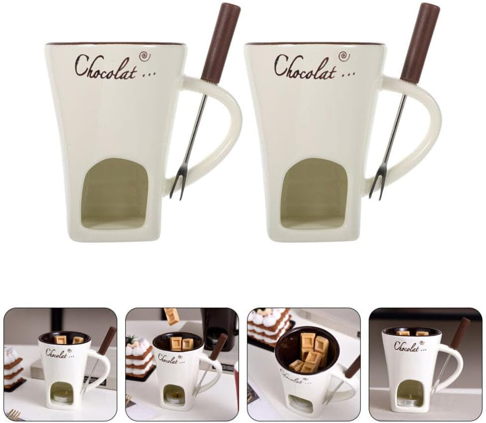 Chocolate Fondue Mug 2 Sets Fondue Mugs with Forks Ceramic Personal Chocolate Melting Cup Butter Warmers Pot Tealight Candle Mini Simmer Mug for Cheese Fondue Maker Set