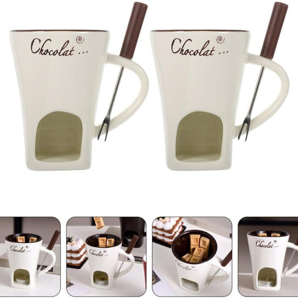 Chocolate Fondue Mug 2 Sets Fondue Mugs with Forks Ceramic Personal Chocolate Melting Cup Butter Warmers Pot Tealight Candle Mini Simmer Mug for Cheese Fondue Maker Set