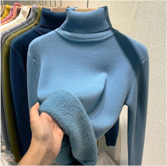 Winter Fleece Thick Knitted Bottoming Shirt, Casual Thick Turtleneck High Neck Sweater Soft Thermal for Women