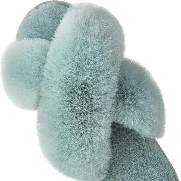 Women'S Cross Band Slippers Fuzzy Soft House Slippers Plush Furry Warm Cozy Open Toe Fluffy Home Shoes Comfy Indoor Outdoor Slip on Breathable