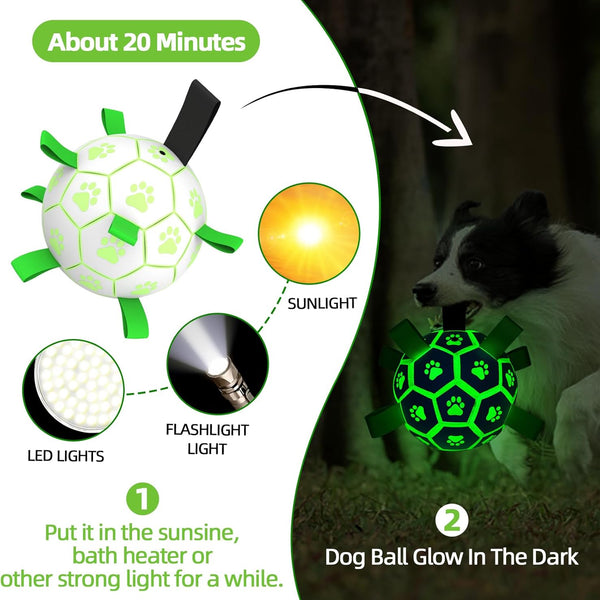 Dog Ball, Glow in the Dark Dog Toys, Light up Ball for Dogs, Outdoor Dog Soccer Ball with Straps, Puppy Birthday Gifts, Dog Enrichment Toys for Small & Medium Dogs (6 Inch)