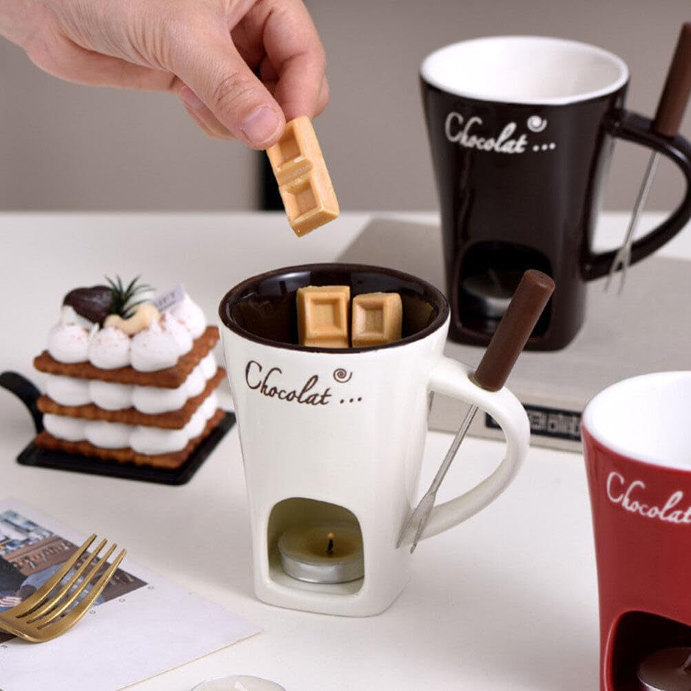 Chocolate Fondue Mug 2 Sets Fondue Mugs with Forks Ceramic Personal Chocolate Melting Cup Butter Warmers Pot Tealight Candle Mini Simmer Mug for Cheese Fondue Maker Set