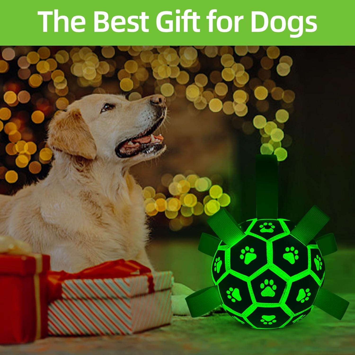 Dog Ball, Glow in the Dark Dog Toys, Light up Ball for Dogs, Outdoor Dog Soccer Ball with Straps, Puppy Birthday Gifts, Dog Enrichment Toys for Small & Medium Dogs (6 Inch)