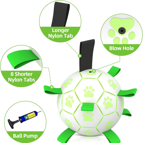 Dog Ball, Glow in the Dark Dog Toys, Light up Ball for Dogs, Outdoor Dog Soccer Ball with Straps, Puppy Birthday Gifts, Dog Enrichment Toys for Small & Medium Dogs (6 Inch)