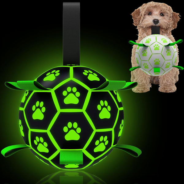 Dog Ball, Glow in the Dark Dog Toys, Light up Ball for Dogs, Outdoor Dog Soccer Ball with Straps, Puppy Birthday Gifts, Dog Enrichment Toys for Small & Medium Dogs (6 Inch)