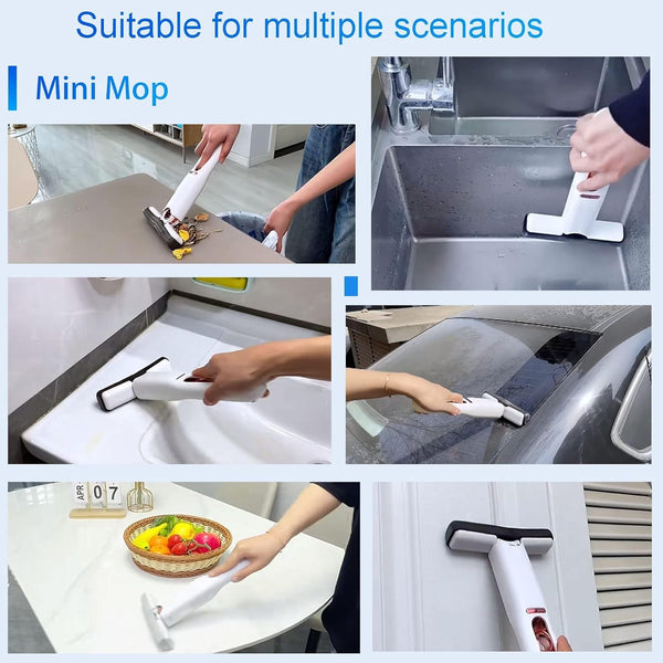 Mini Mop Portable Self-Squeeze Small Mop, Hand Free Automatic Cleaning Mop, Suitable for Wash Basin, Sink, Bathroom, Car Glass, Kitchen((3 Cotton Head + 1 Squeeze Handle) )