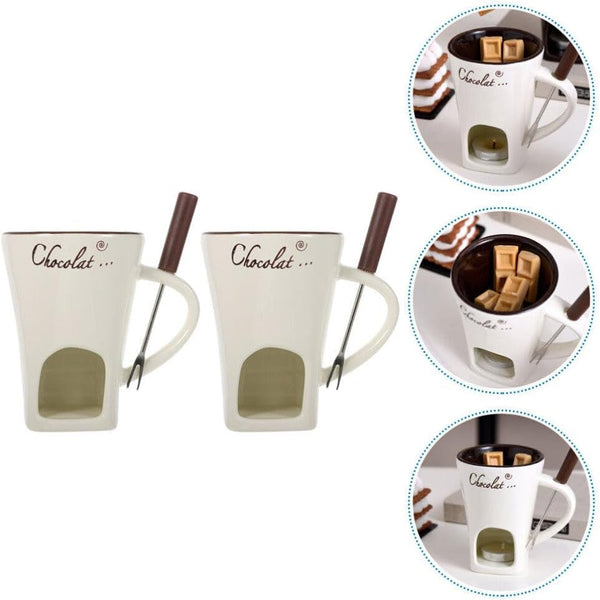 Chocolate Fondue Mug 2 Sets Fondue Mugs with Forks Ceramic Personal Chocolate Melting Cup Butter Warmers Pot Tealight Candle Mini Simmer Mug for Cheese Fondue Maker Set