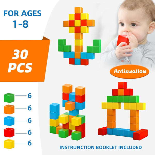 Magnetic Blocks, 1.41 Inch Large Magnetic Building Blocks for Toddlers 3 4 5 6 7 8 Years Old Boys Girls Magnetic Cubes for Kids 1-3 Montessori Toys STEM Preschool Educational Building Cube 30 Pcs