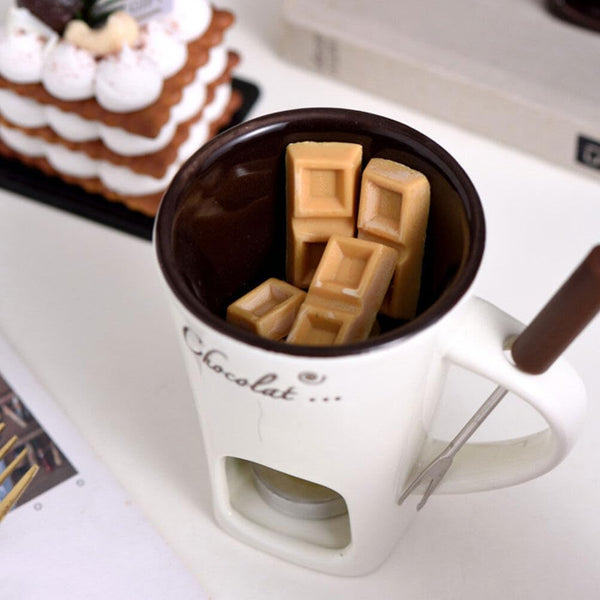 Chocolate Fondue Mug 2 Sets Fondue Mugs with Forks Ceramic Personal Chocolate Melting Cup Butter Warmers Pot Tealight Candle Mini Simmer Mug for Cheese Fondue Maker Set