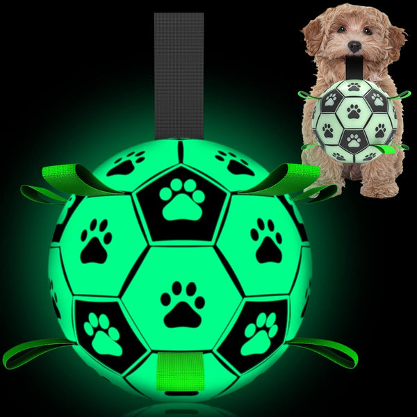 Dog Ball, Glow in the Dark Dog Toys, Light up Ball for Dogs, Outdoor Dog Soccer Ball with Straps, Puppy Birthday Gifts, Dog Enrichment Toys for Small & Medium Dogs (6 Inch)