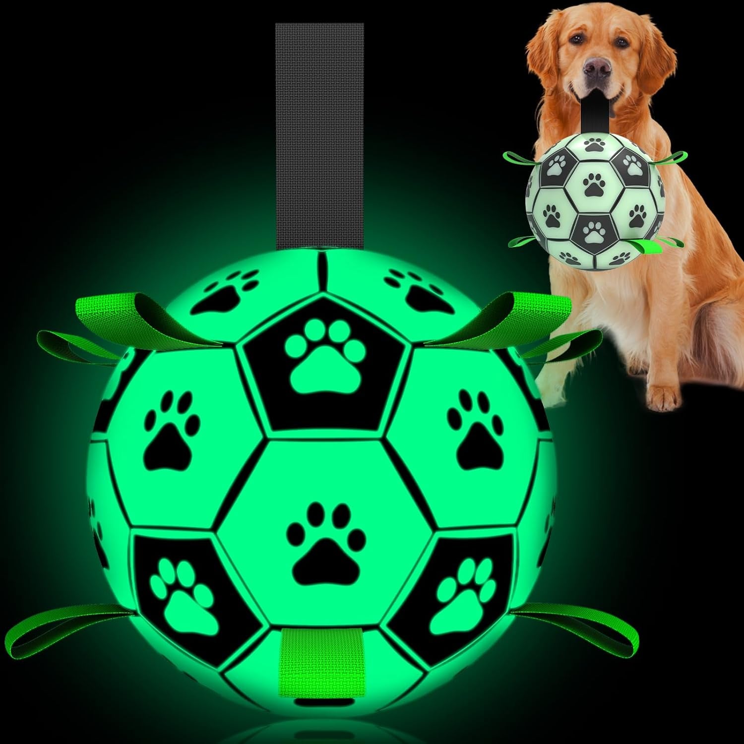 Dog Ball, Glow in the Dark Dog Toys, Light up Ball for Dogs, Outdoor Dog Soccer Ball with Straps, Puppy Birthday Gifts, Dog Enrichment Toys for Small & Medium Dogs (6 Inch)